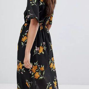 Black Floral Button-down Elastic Waist Maxi Dress
